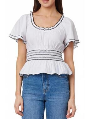 Kensie Cotton Embroidered Flutter Sleeve Peplum Top White NWT Medium